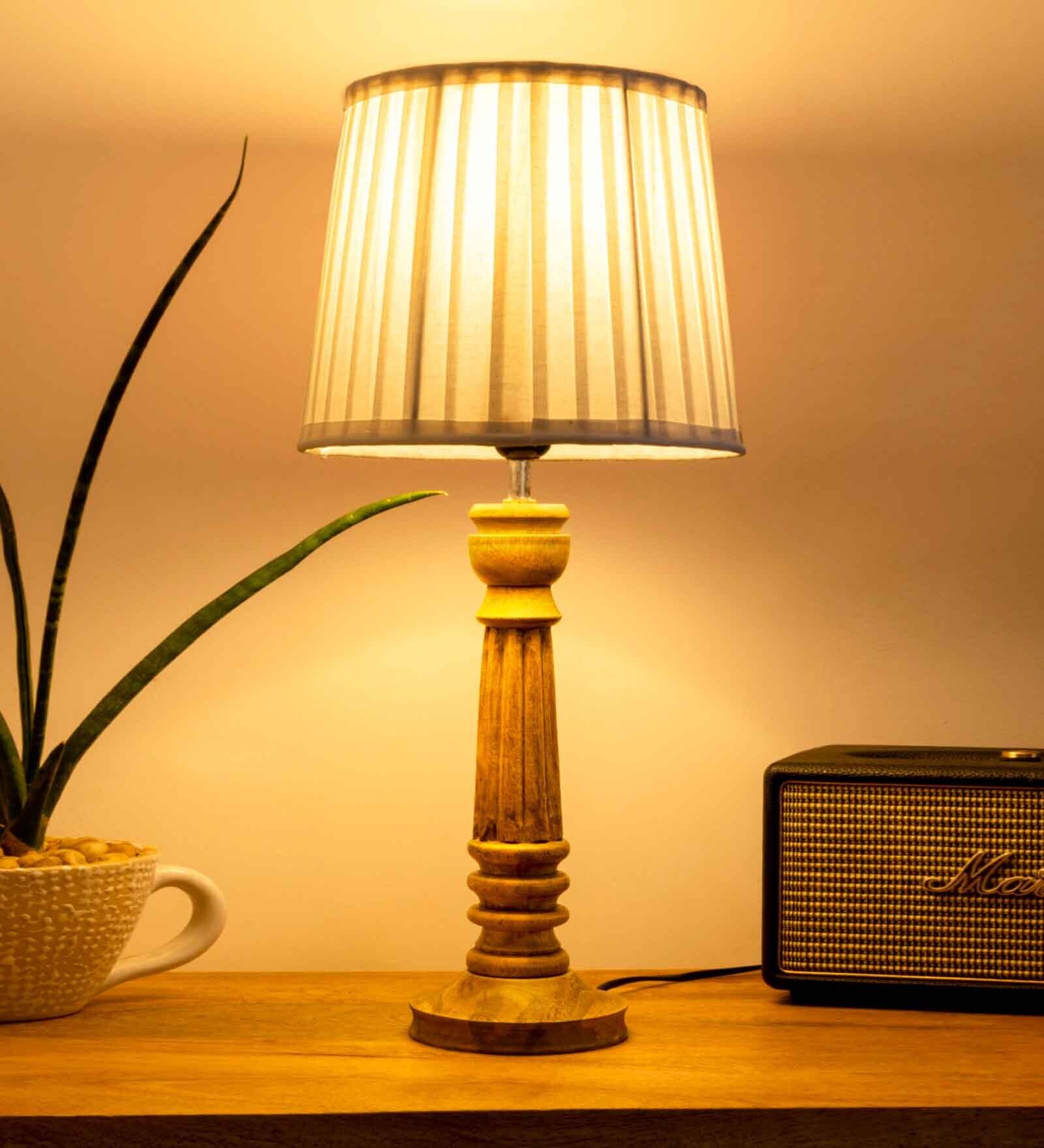 Wooden Pillar Brown lamp with pleeted White Soft Shade