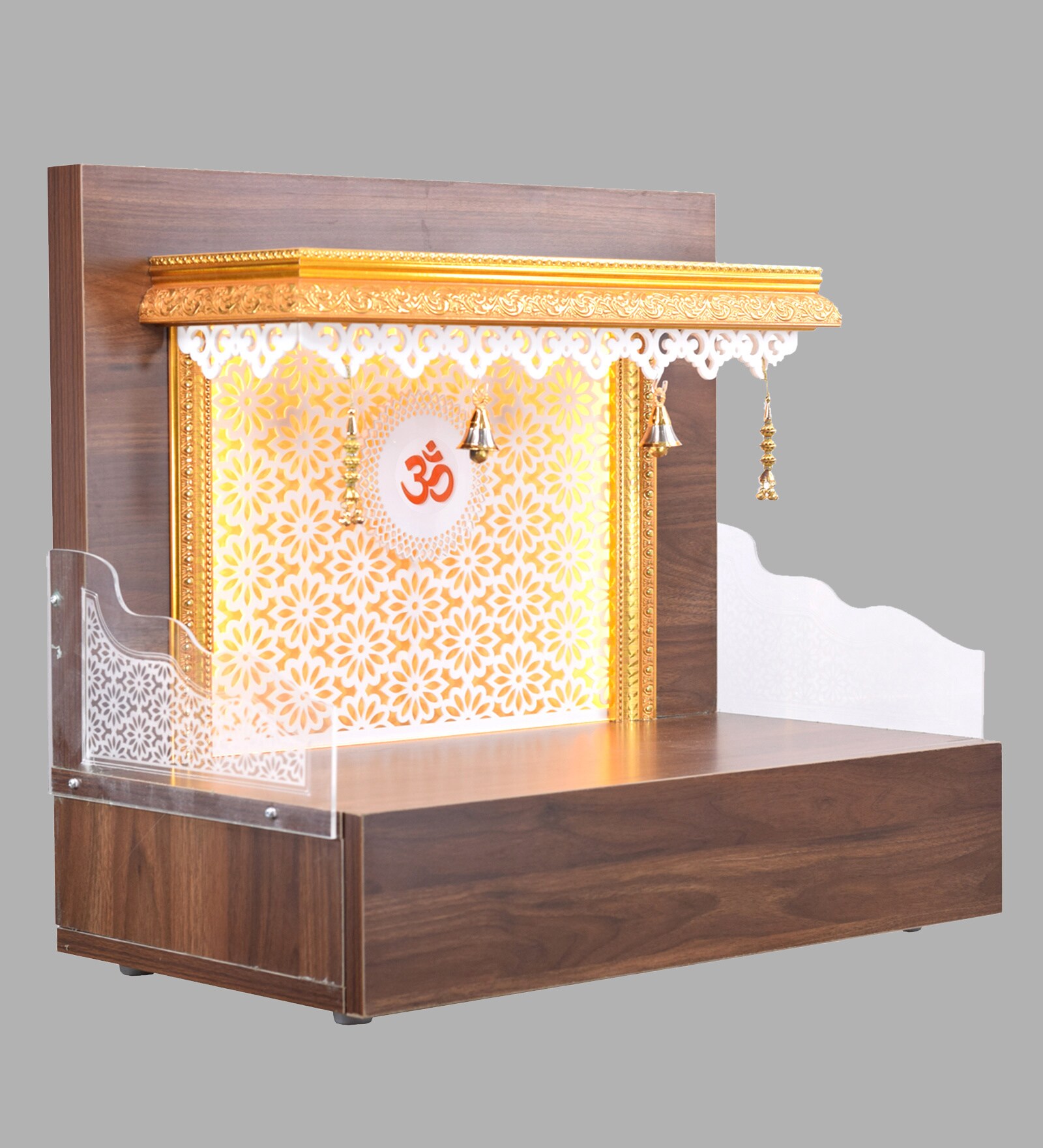 Wooden Pooja Mandir In Walnut Colour With LED