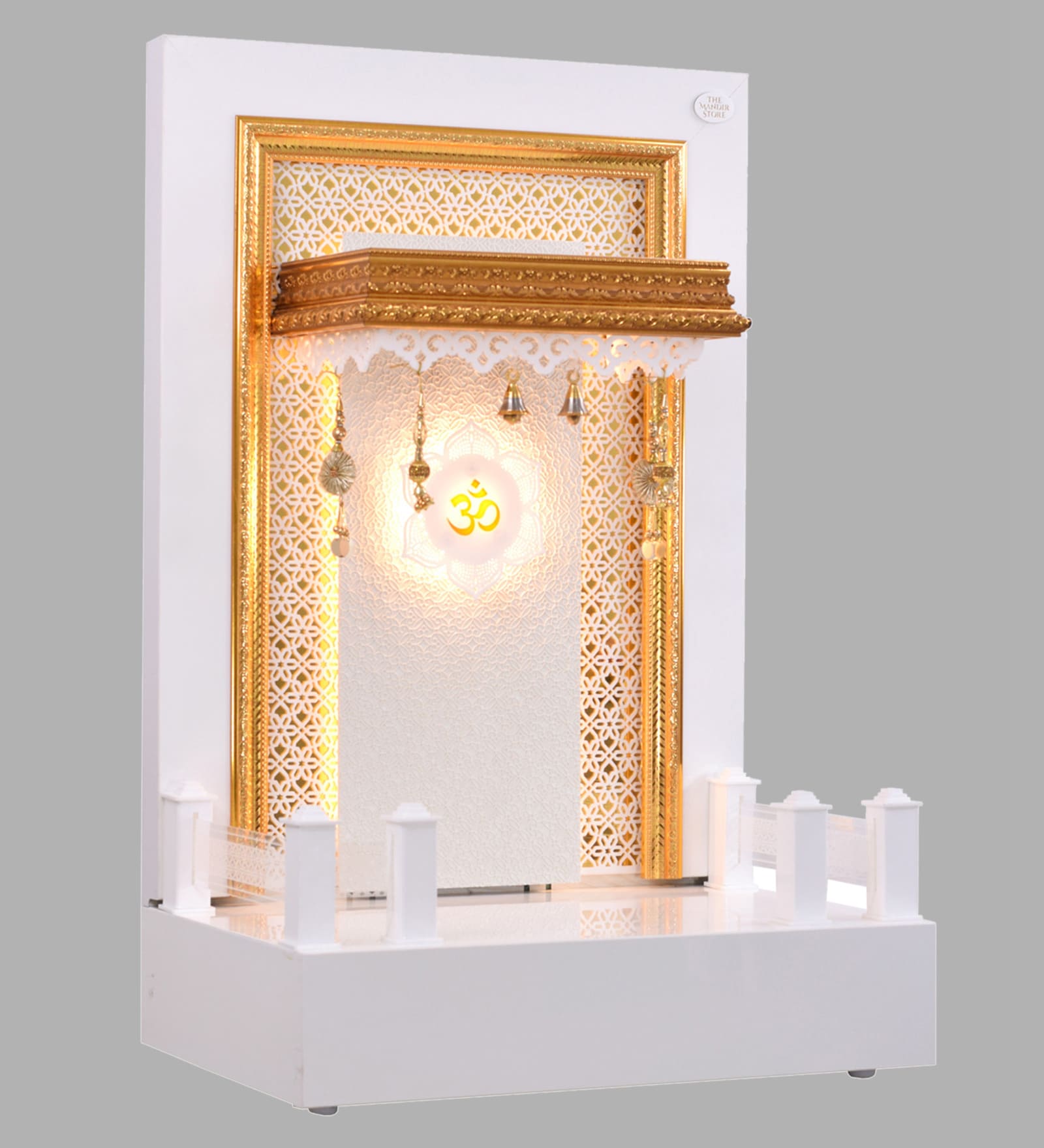 Wooden Pooja Mandir In White Colour With LED