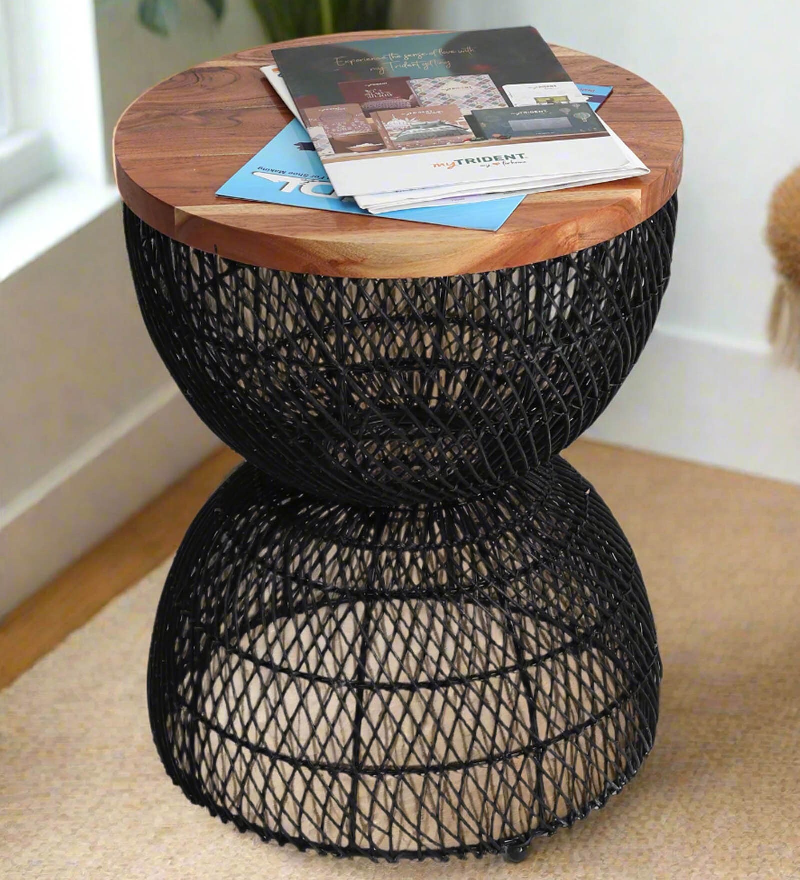 Wooden Rattan End Table In Black Finish
