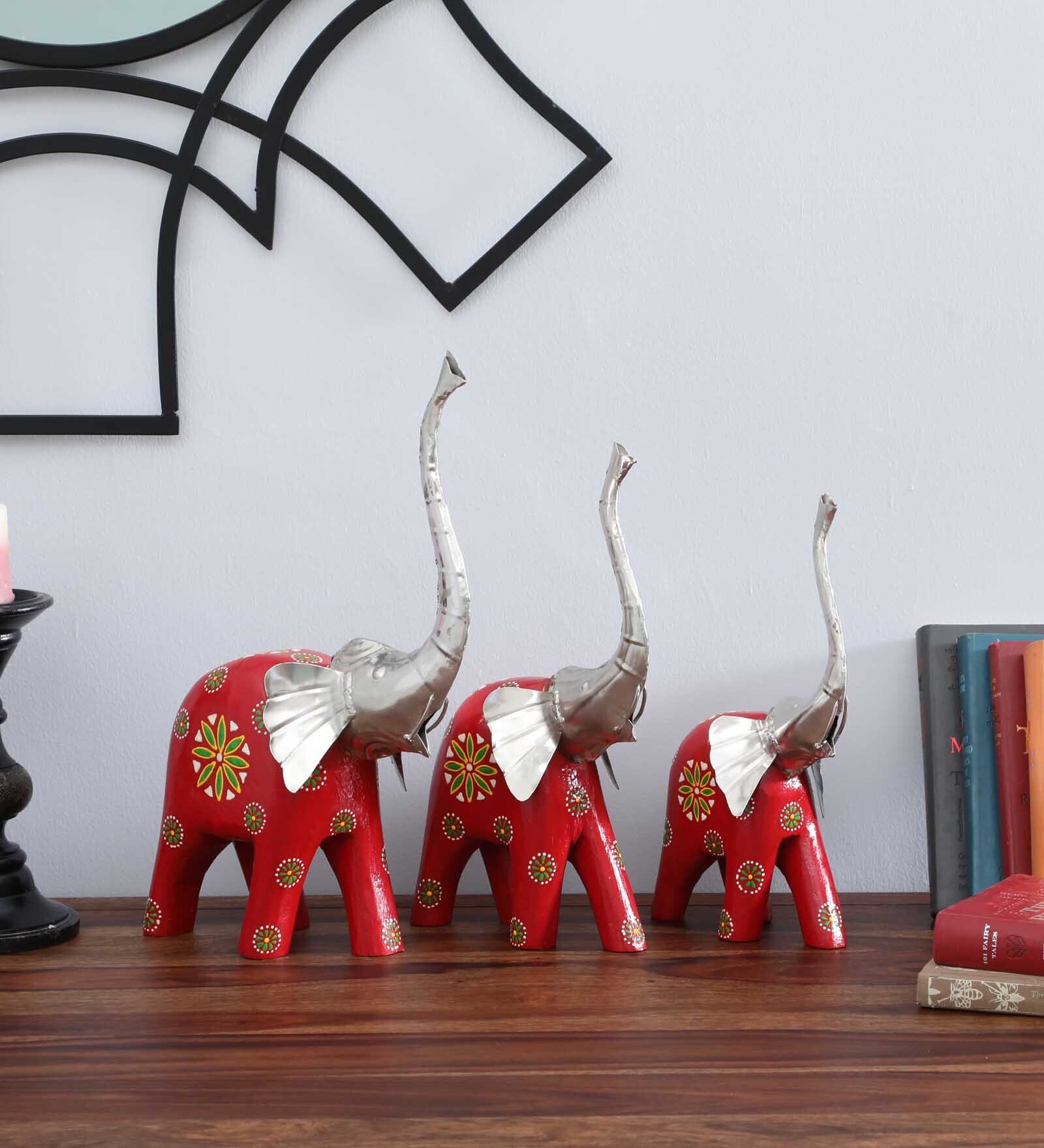 Wooden Red Multicolour Handpainted Elephant (Set Of 3) Figurine