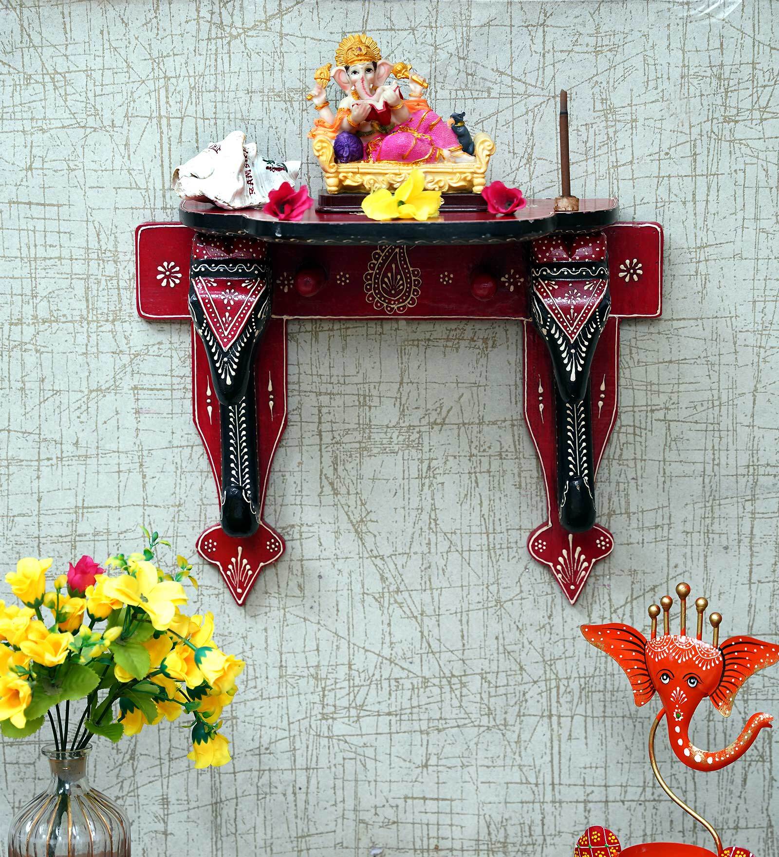 Wooden Red Wall Hanging Pooja Stand