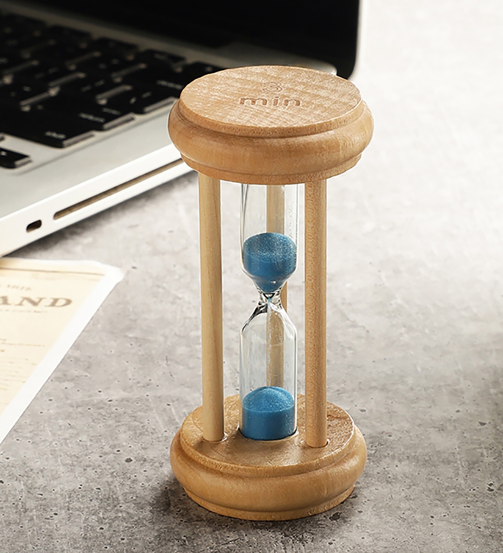 Wooden Round Blue Three Pillar 3 Minute Sand Timer Showpiece