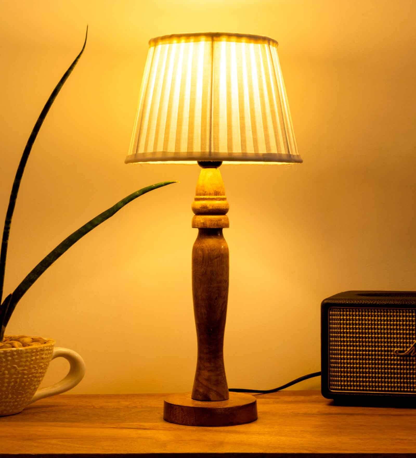 Wooden Round Brown Lamp with pleeted White Taper soft Shade