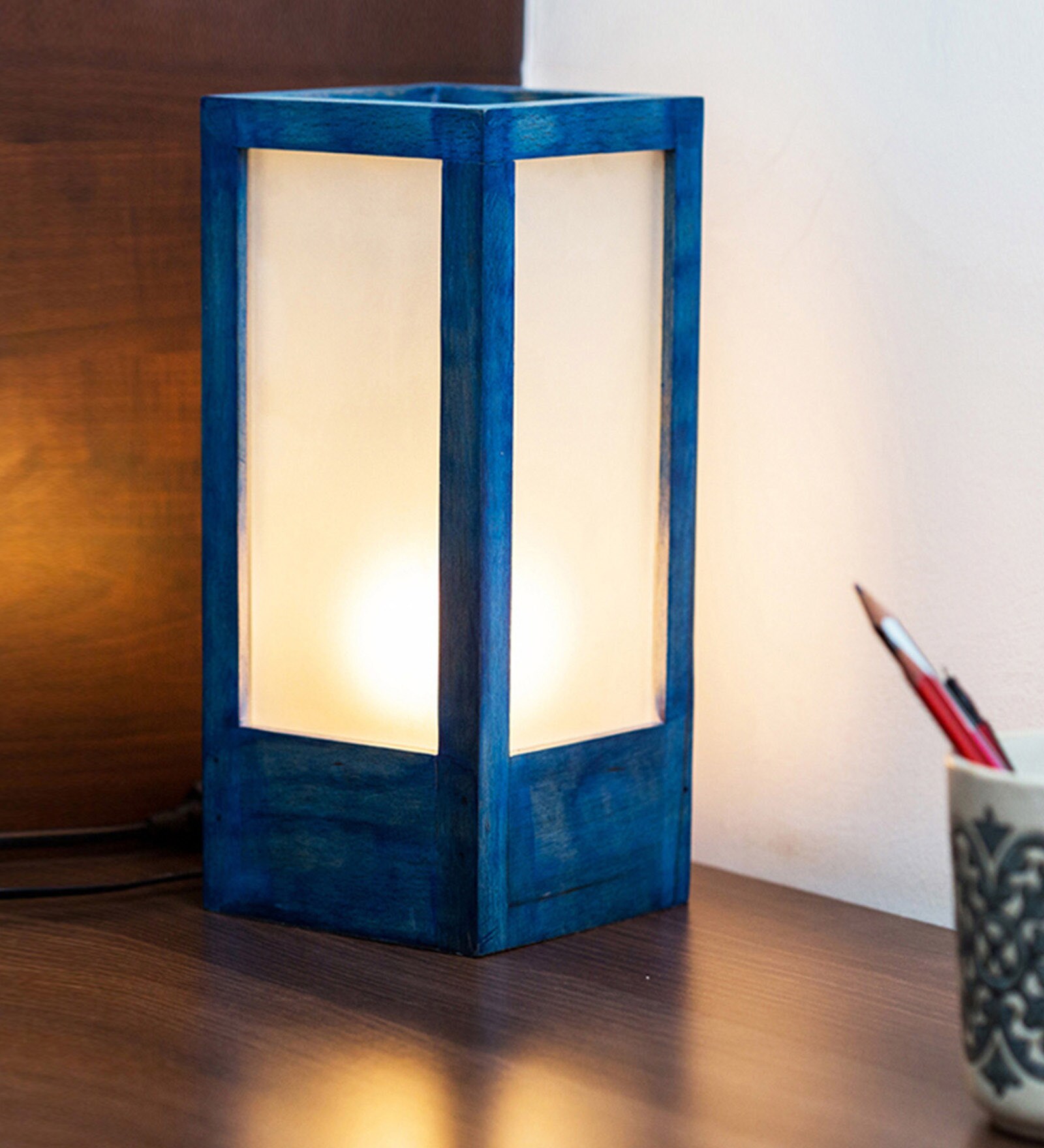 Angular Berry Blue Glass Shade Table Lamp With Wood & Glass Base