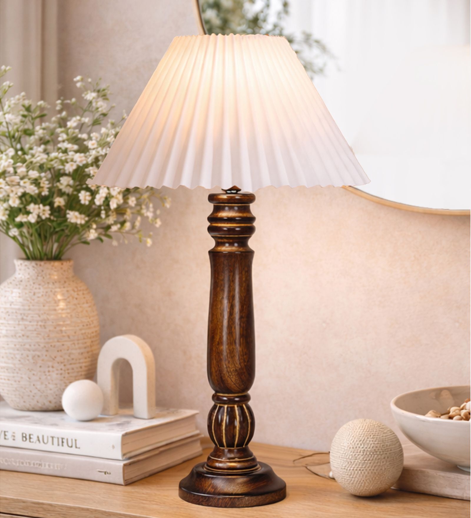 Wooden Table Lamp with Pleated Shade for Bedside & Home D cor