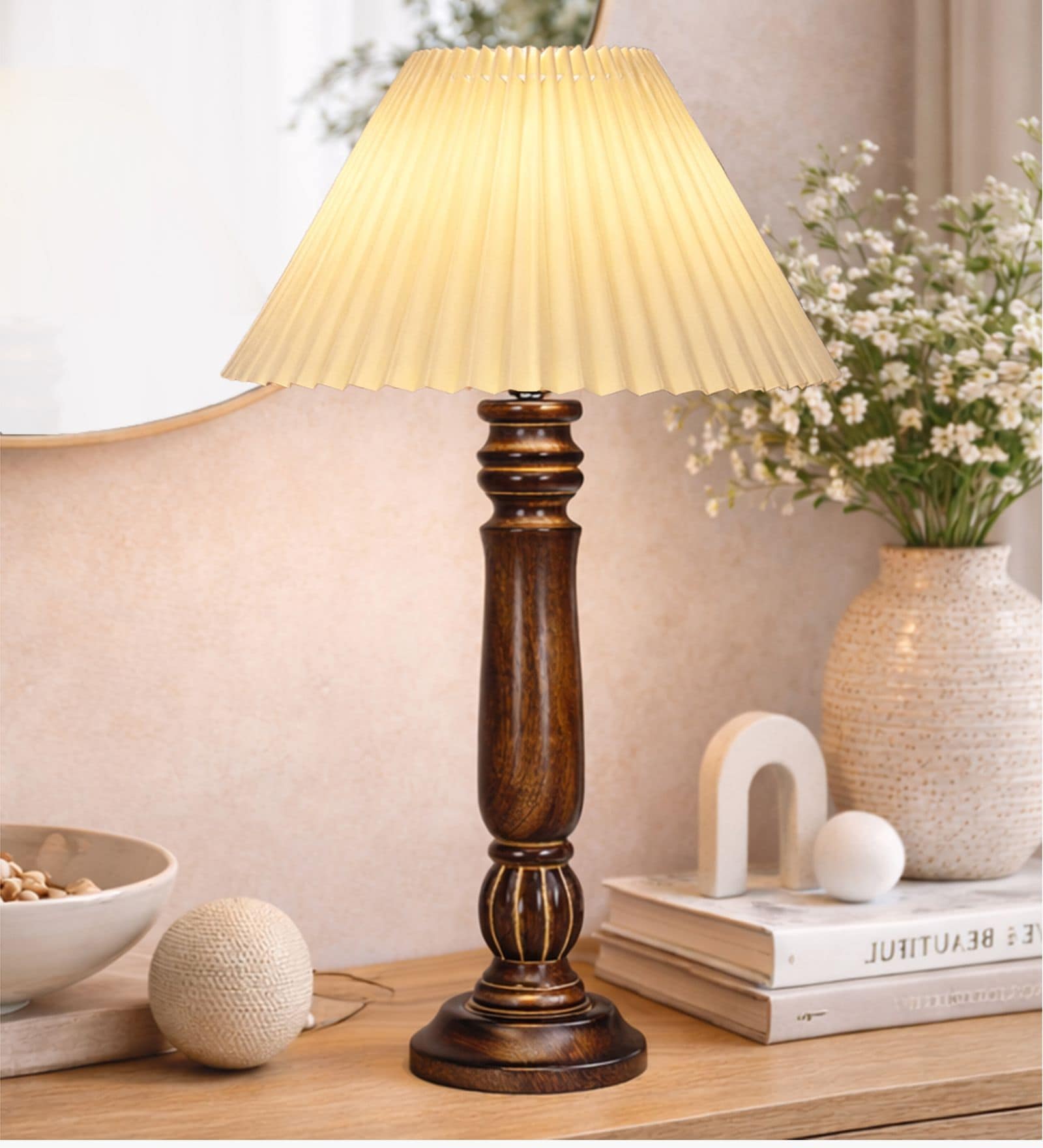 Wooden Table Lamp with Pleated Shade for Bedside & Home D cor