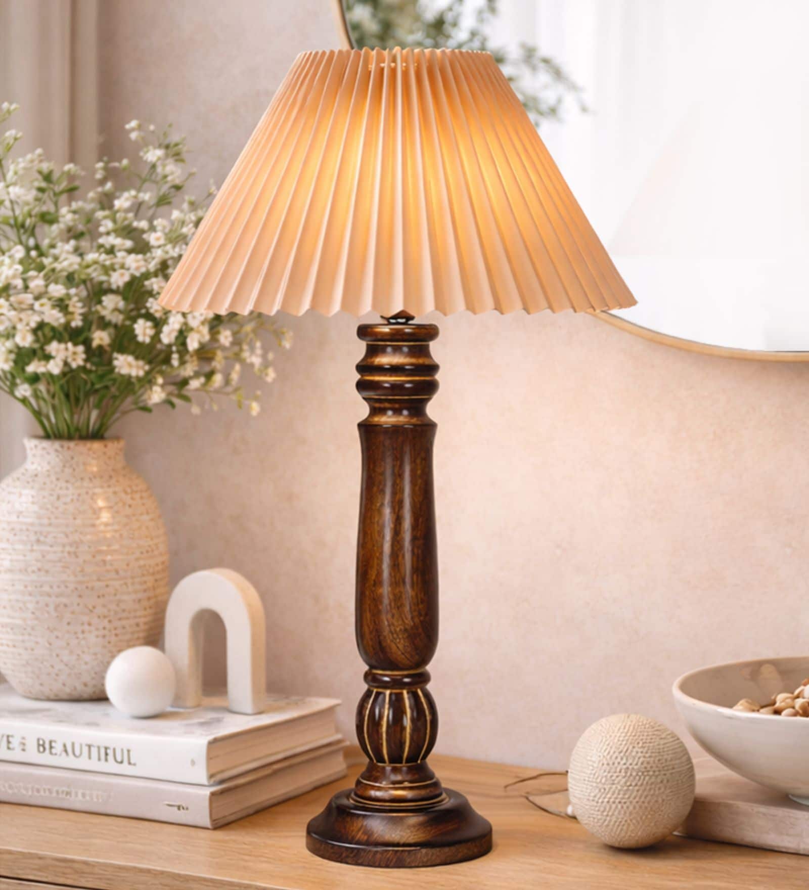 Wooden Table Lamp with Pleated Shade for Bedside & Home D cor