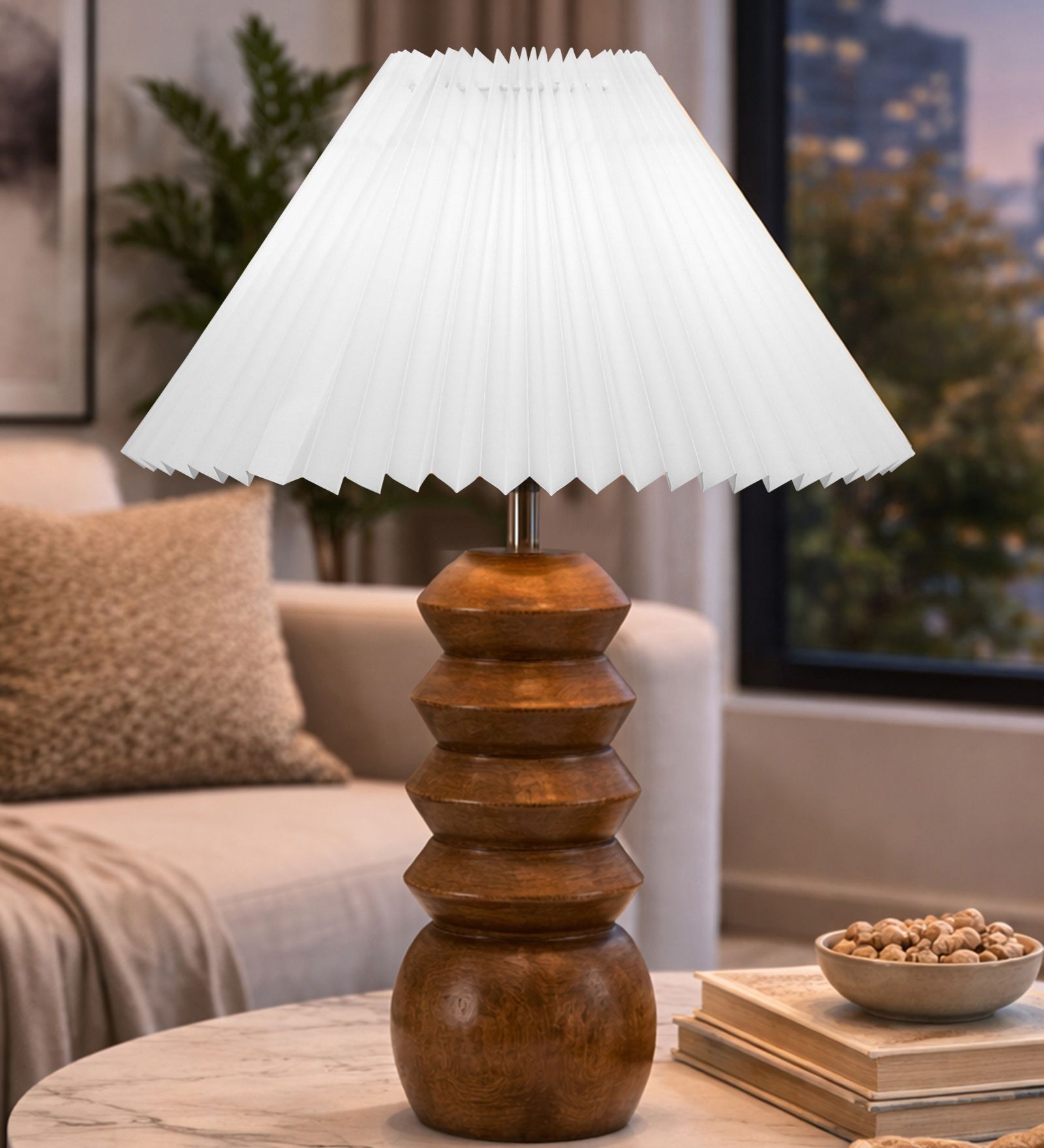Wooden Totem Table Lamp with Pleated Shade for Living room and study lamp