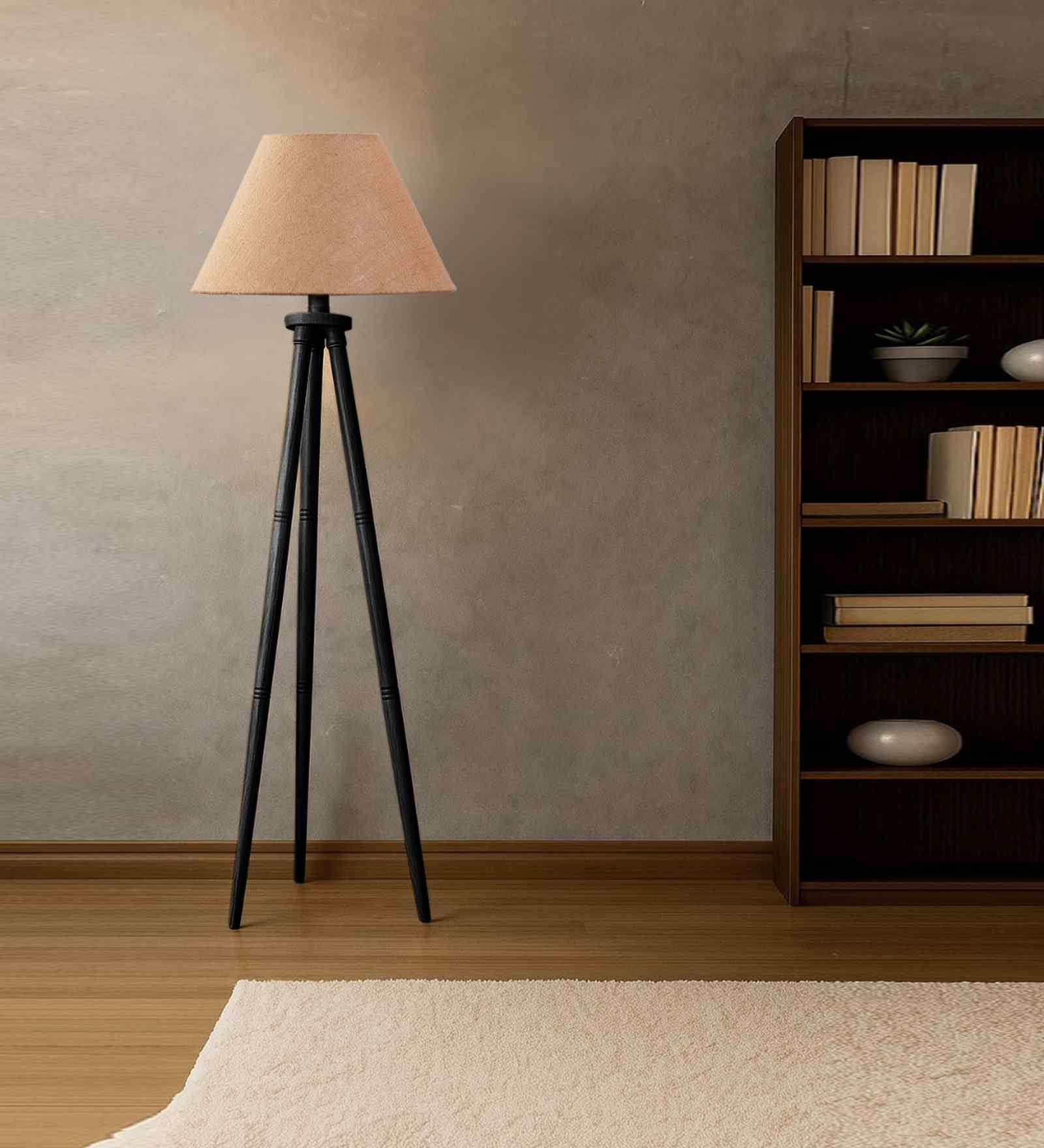 Wooden Tripod Floor Lamp With Beige Jute Drum Shade