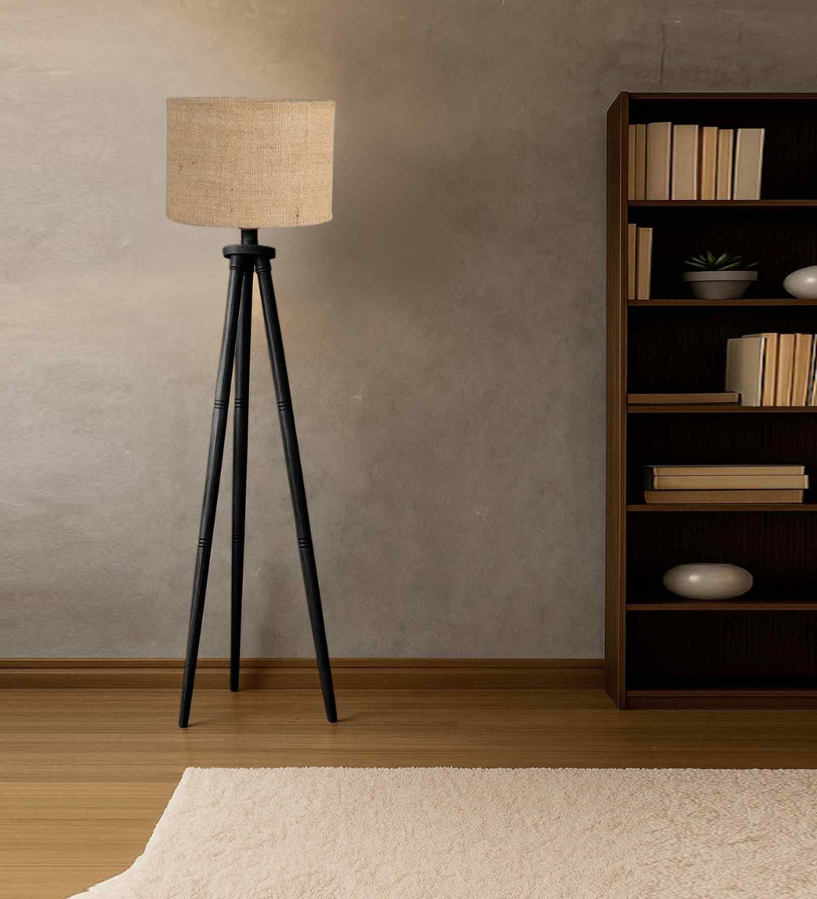 Wooden Tripod Floor Lamp With Beige Jute Drum Shade