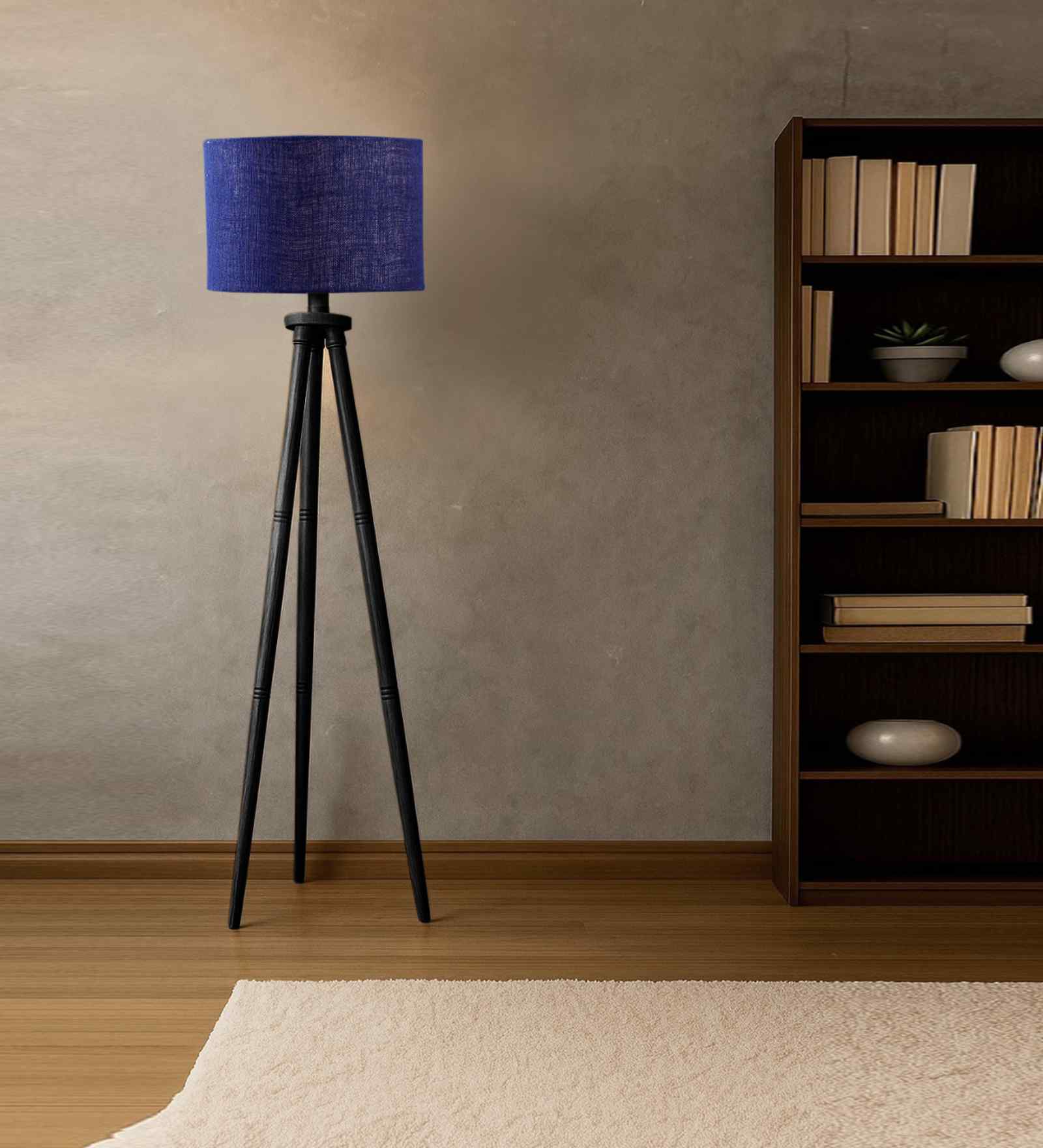 Wooden Tripod Floor Lamp With Blue Jute Drum Shade