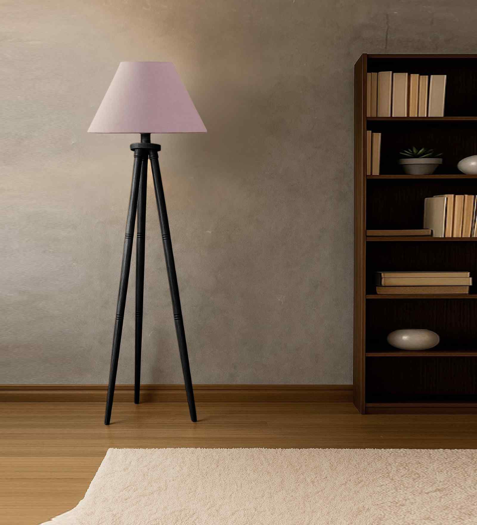 Wooden Tripod Floor Lamp With Grey Cotton Drum Shade