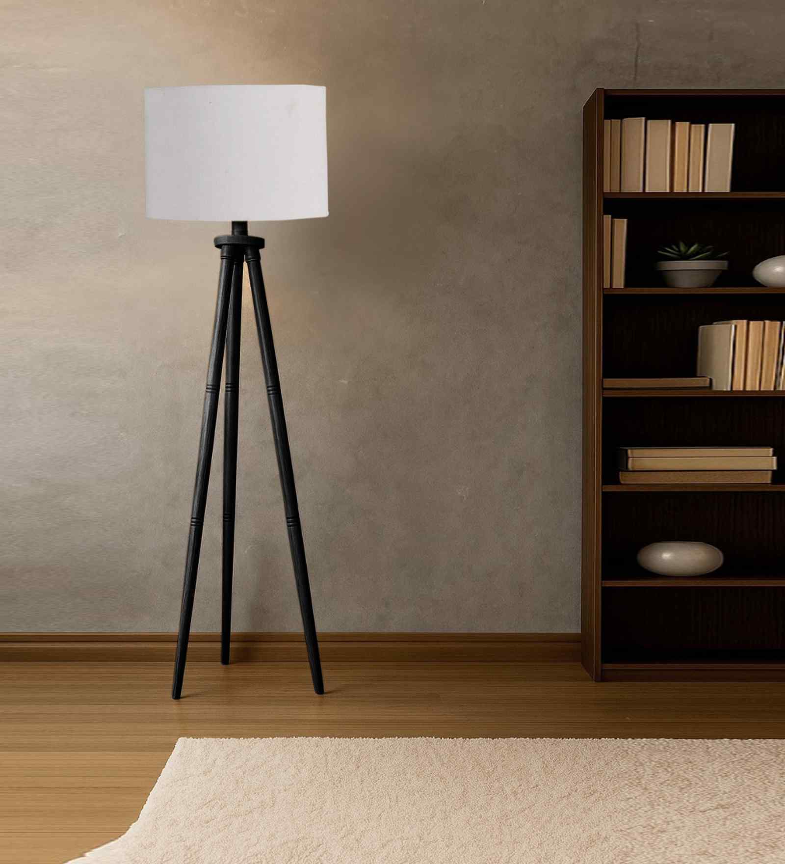 Wooden Tripod Floor Lamp With Grey Cotton Drum Shade