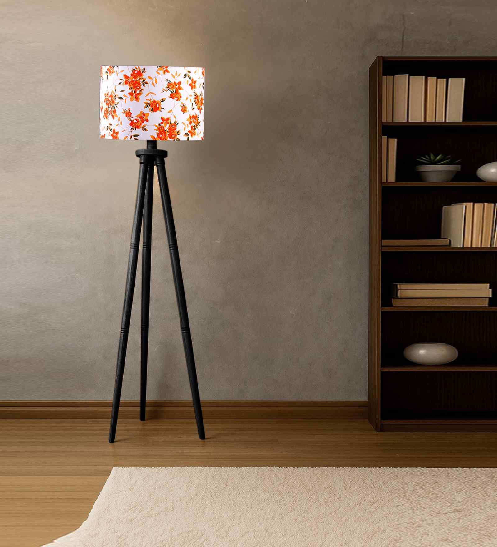 Wooden Tripod Floor Lamp With Multicolor Cotton Drum Shade