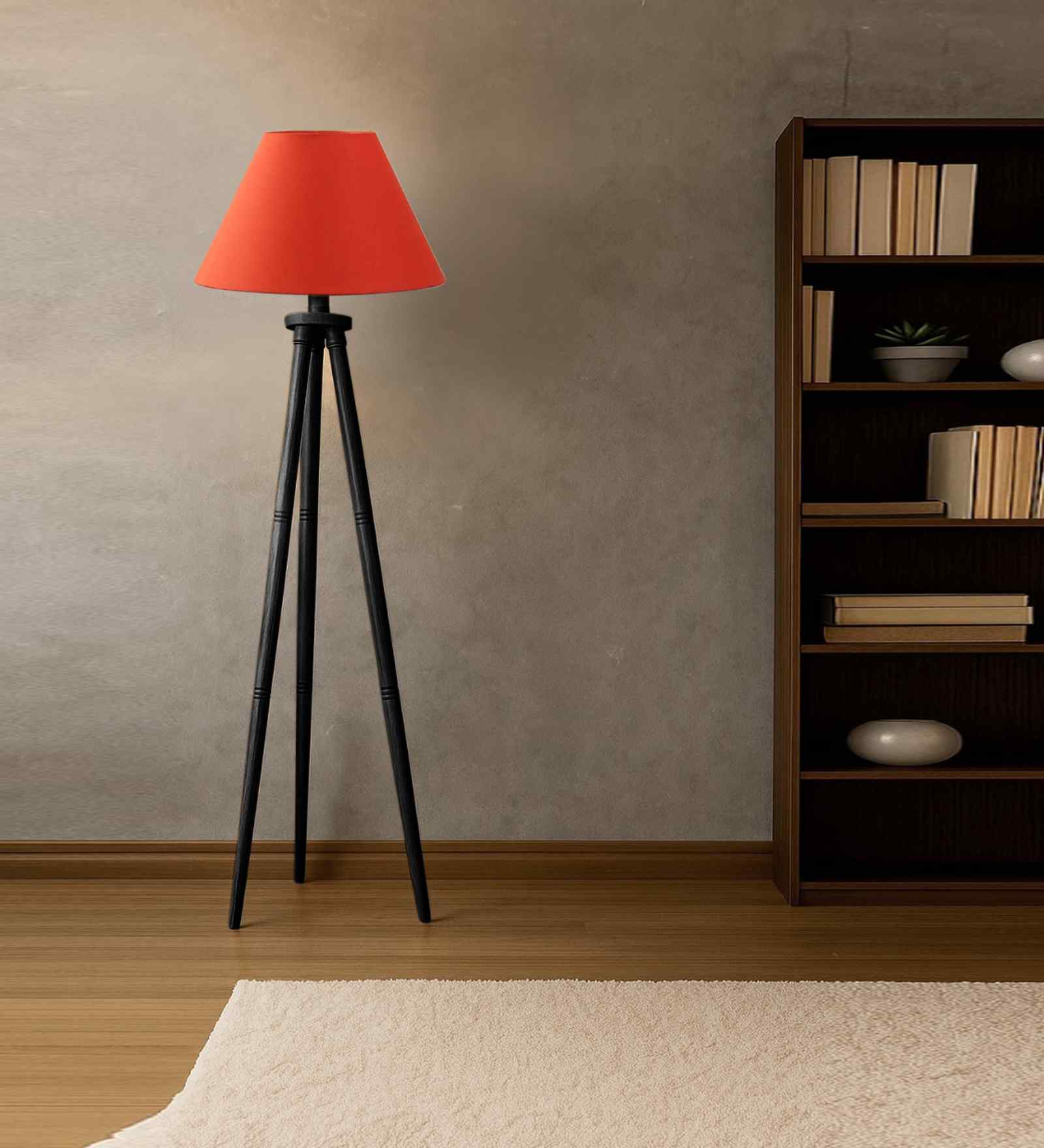 Wooden Tripod Floor Lamp With Orange Cotton Drum Shade