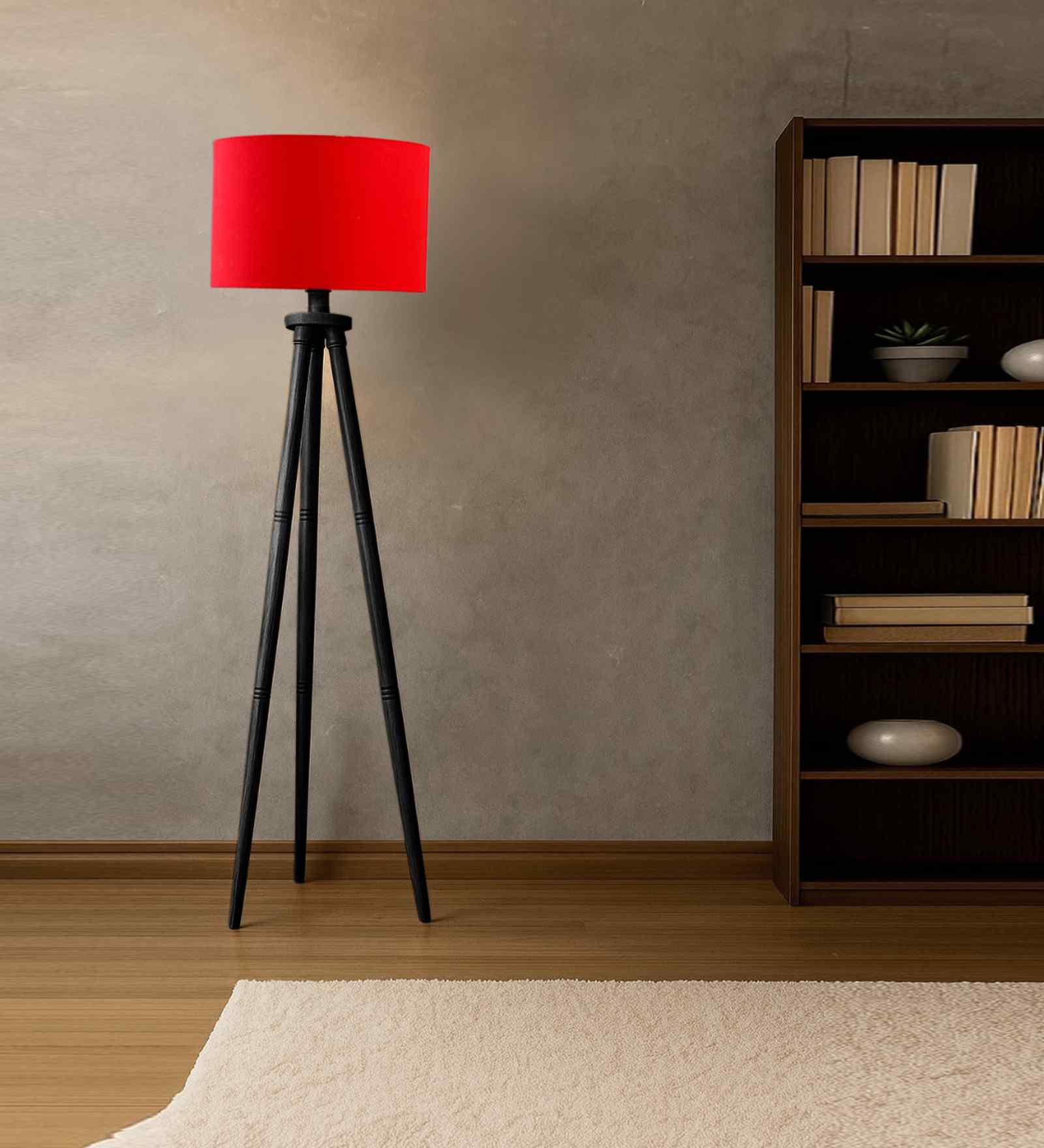 Wooden Tripod Floor Lamp With Red Cotton Drum Shade