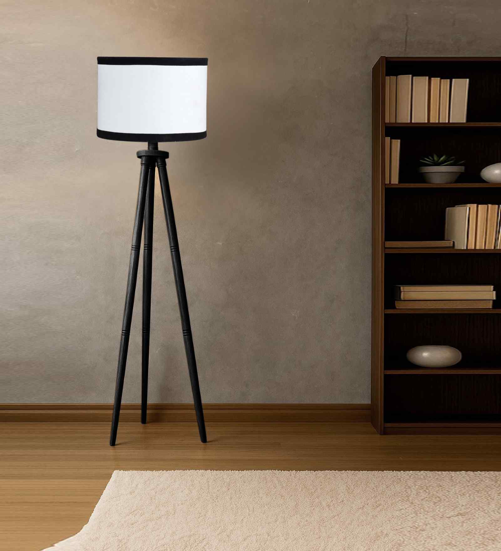 Wooden Tripod Floor Lamp With White & Black Cotton Drum Shade