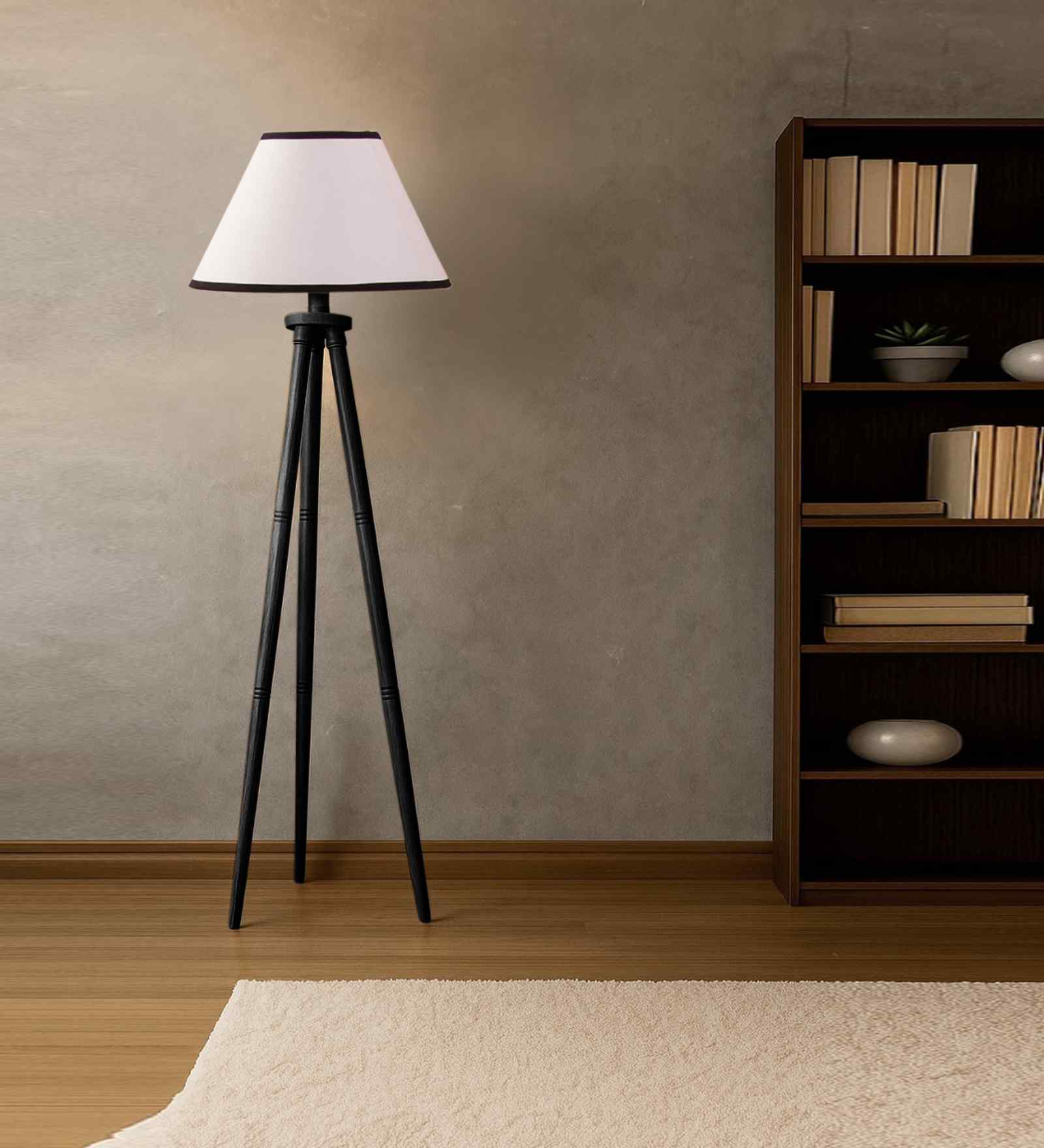 Wooden Tripod Floor Lamp With White & Black Cotton Drum Shade