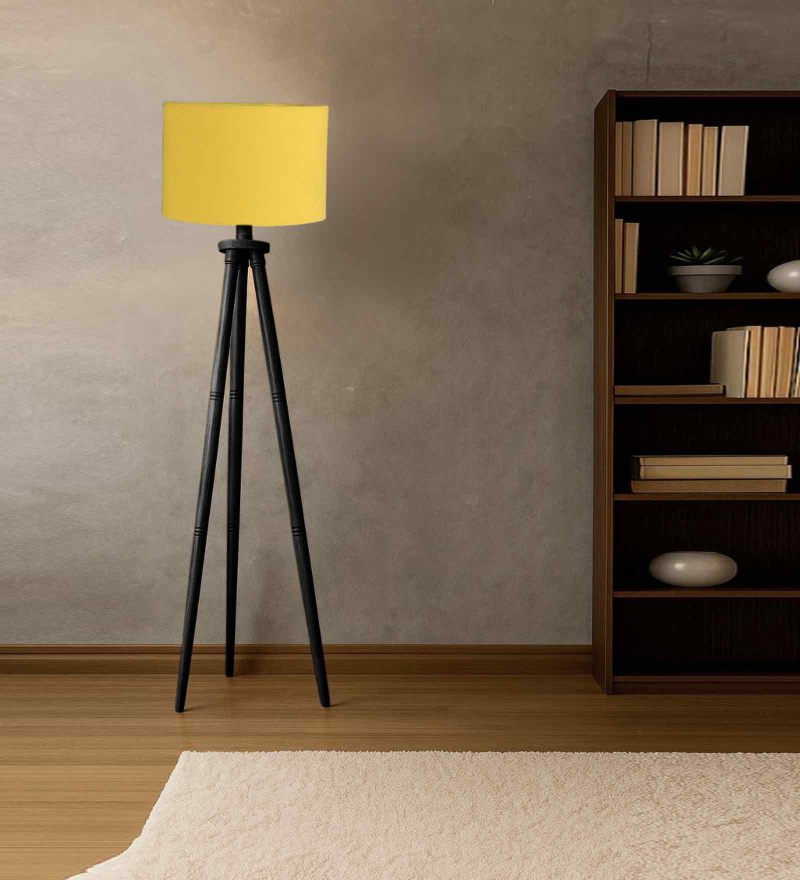Wooden Tripod Floor Lamp With Yellow Cotton Drum Shade