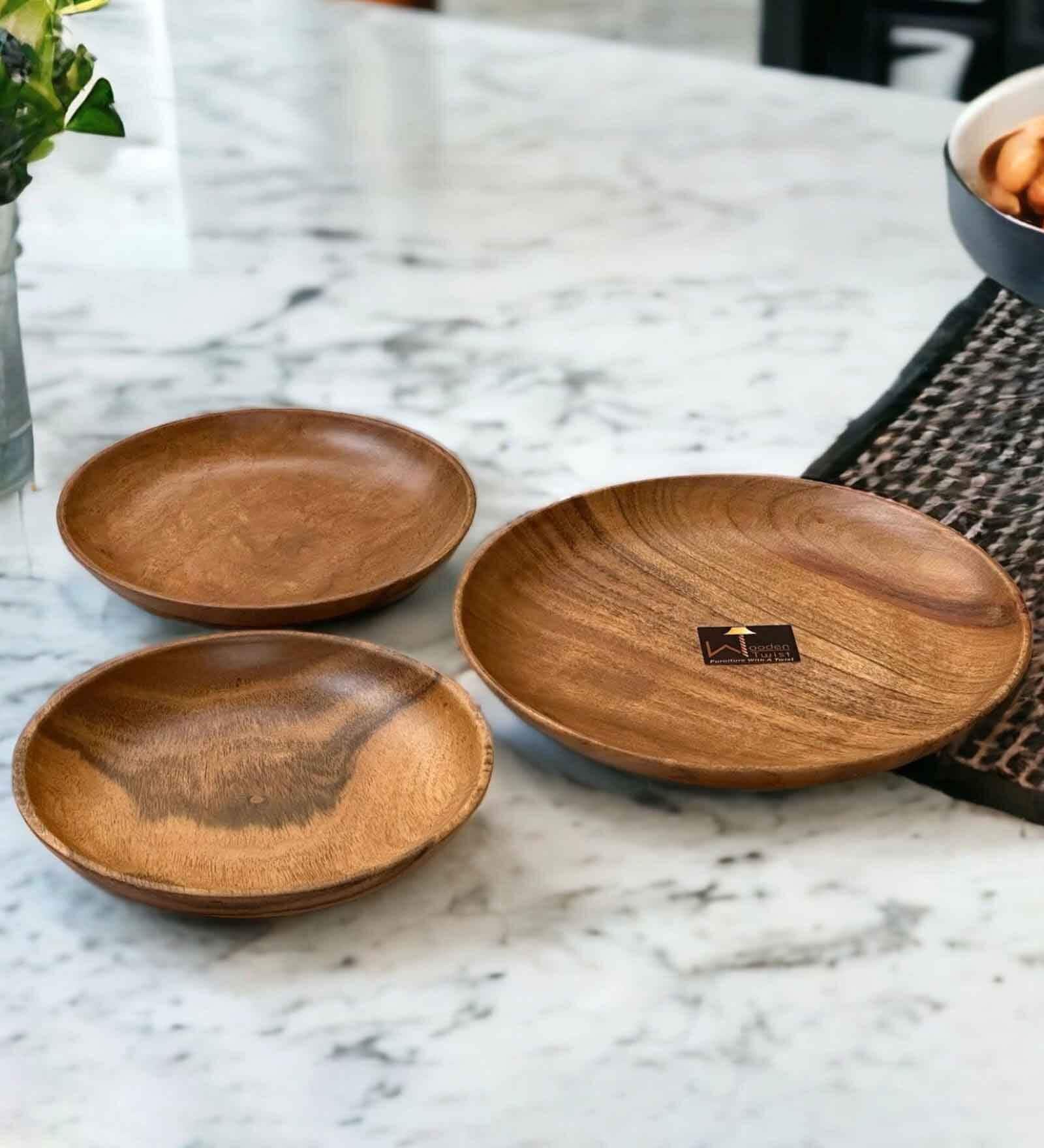 (Set of 3) Brown Acacia Wood Round Shaped Appetizer Platter (Set of 3) Brown Acacia Wood Round Shaped Appetizer Platter