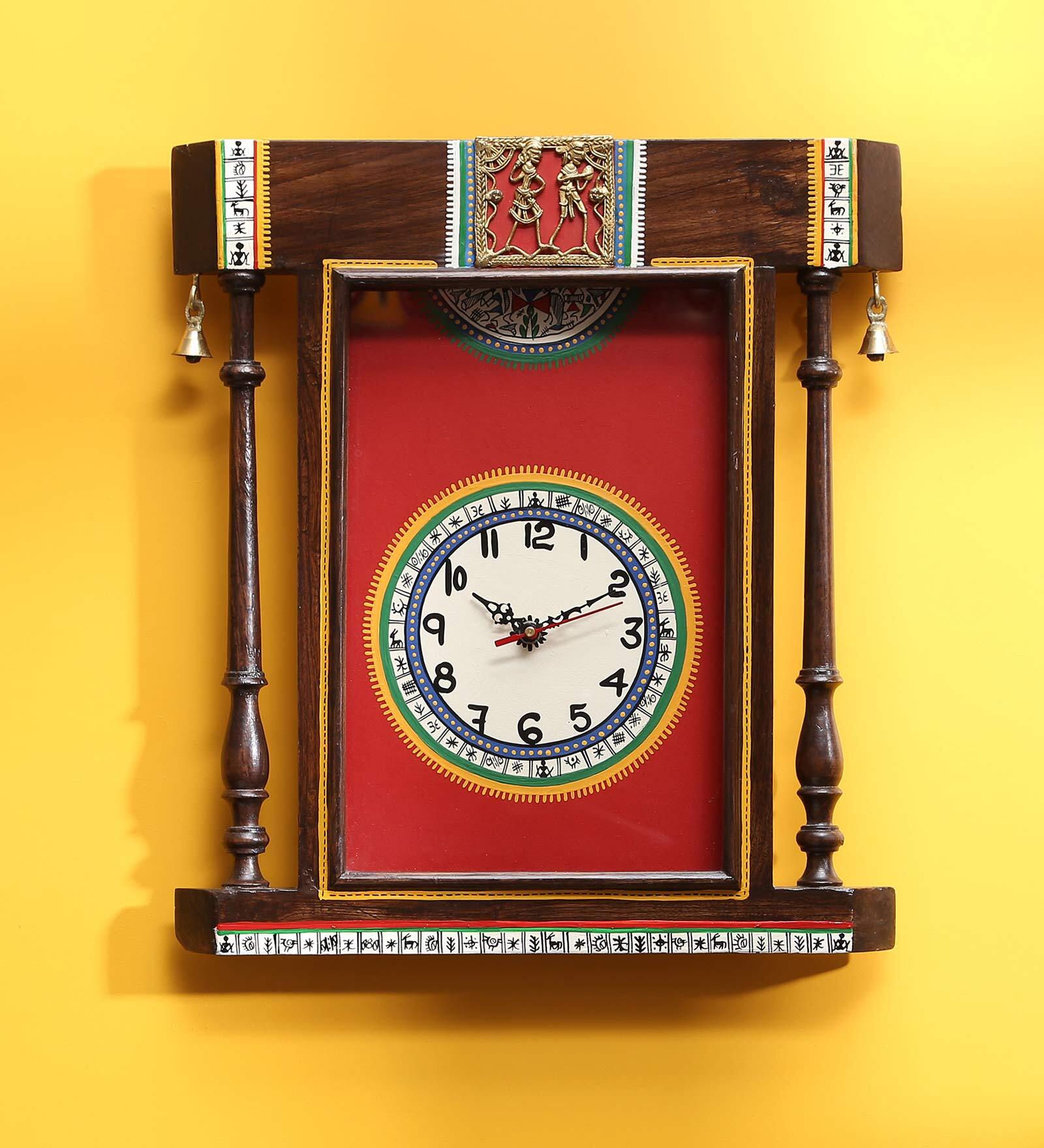 Wooden Wall Clock In Brown & Red