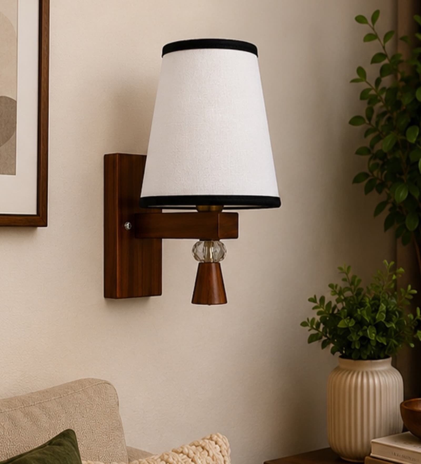 Wooden Wall Lamp with White & Black  cotton shade