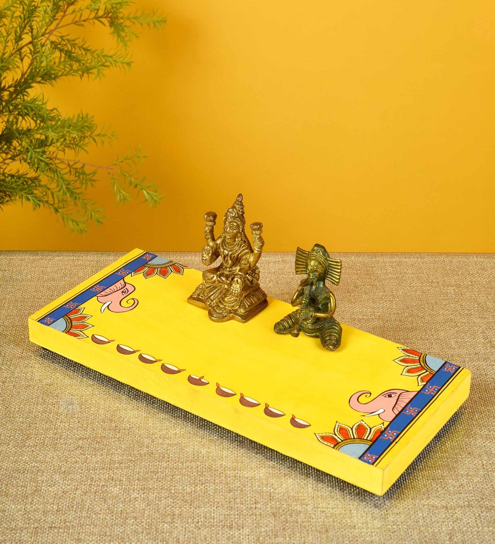 Wooden Yellow Laxmi Ganesh Puja Chowki In Shubh Mustard