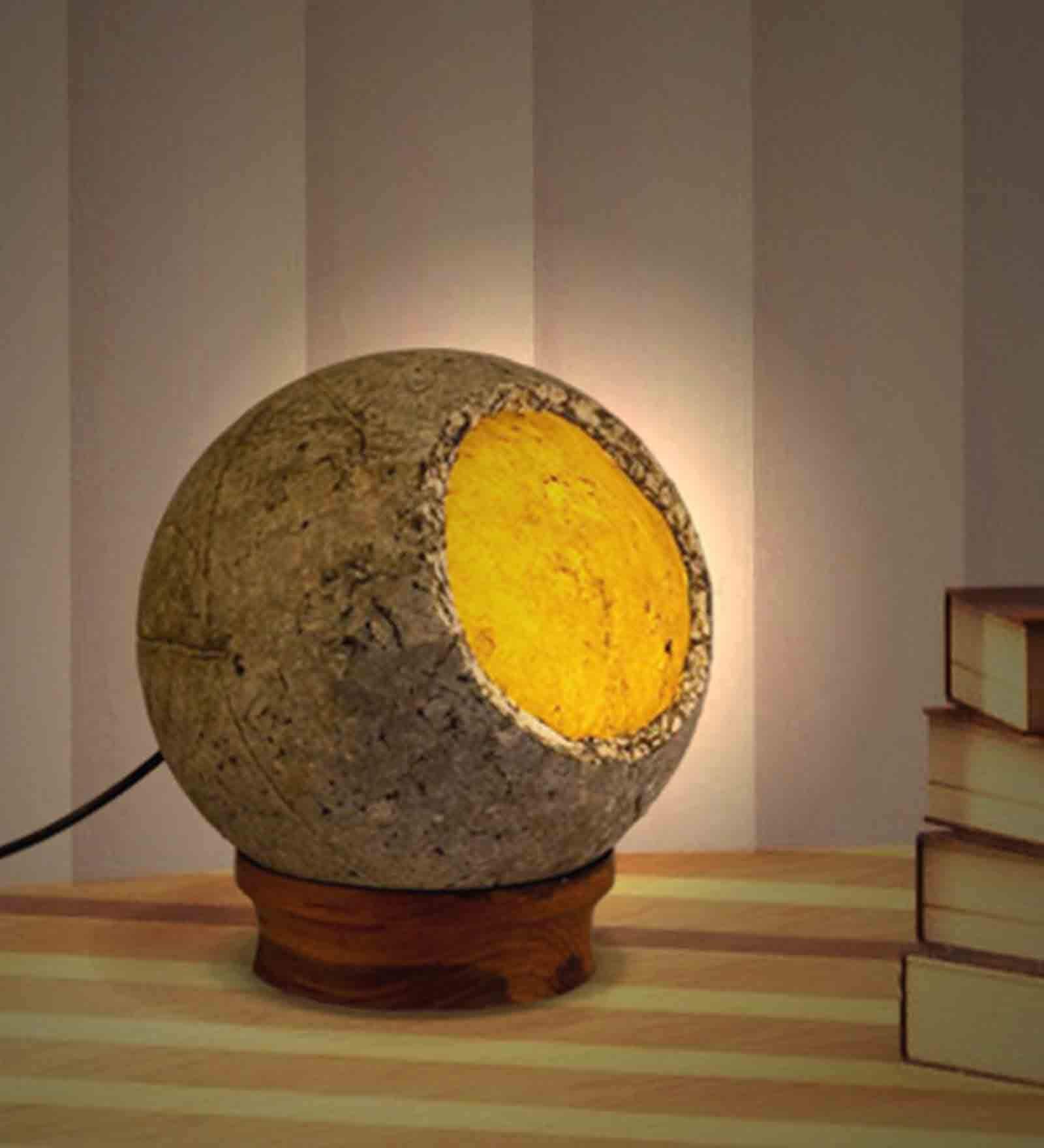 Woodlot Bulbous Feather Cement Wooden Base  Table Lamp