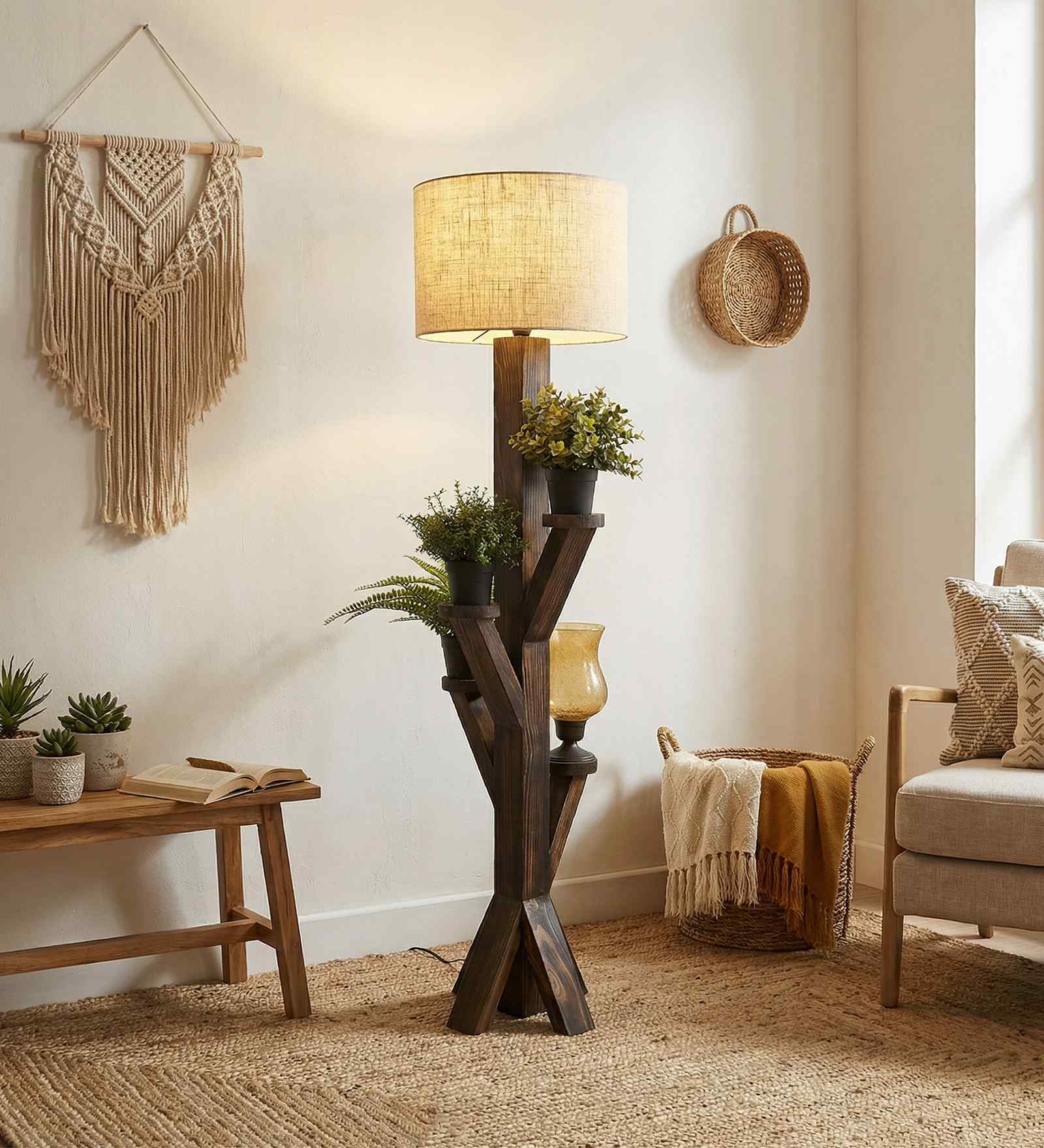 Woods Wooden Floor Lamp with Brown Base and Jute Fabric Lampshade Woods Wooden Floor Lamp with Brown Base and Jute Fabric Lampshade