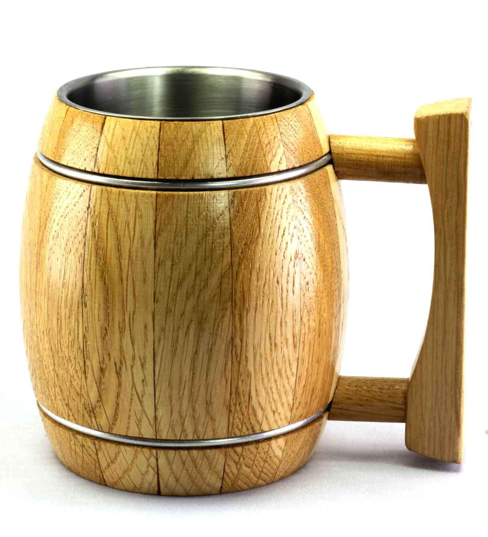 WoodTrim Barrel Beer Mug with Steel Inserts in Natural Oak Finish