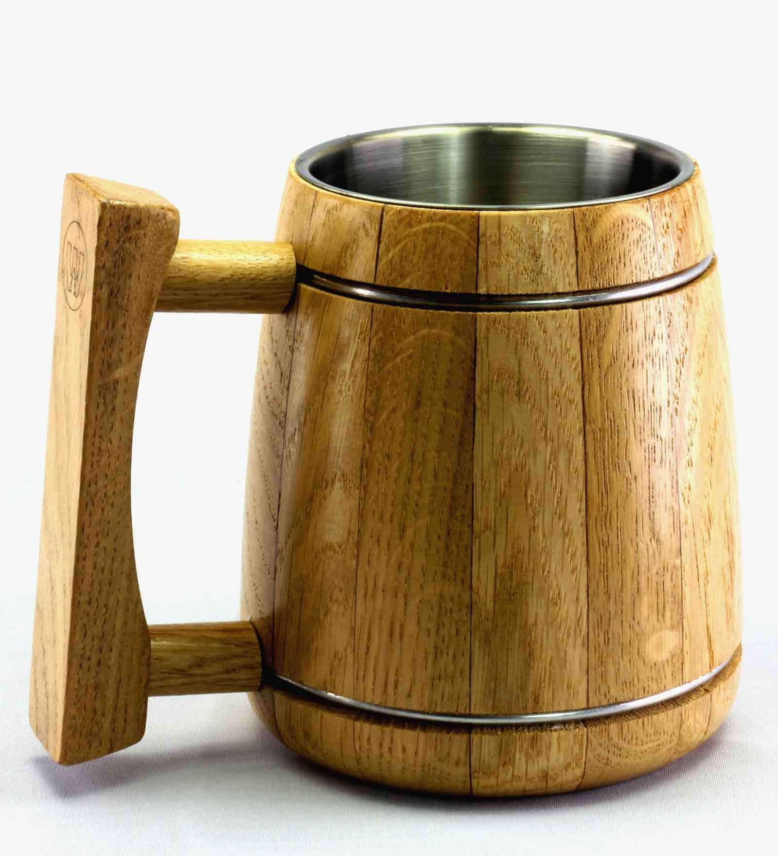 WoodTrim Viking Beer Mug with Steel Inserts in Natural Oak Finish