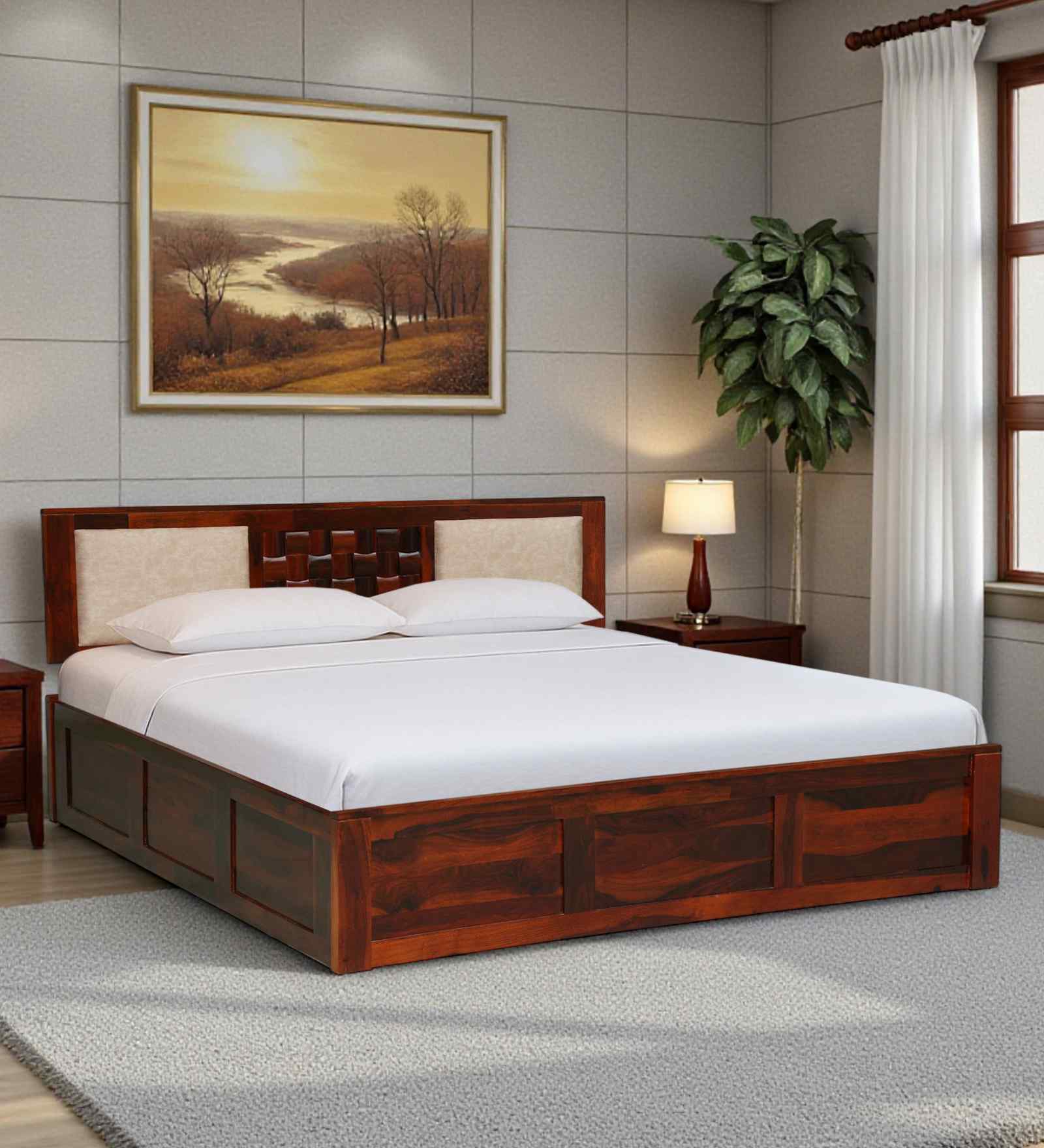 Woodway Sheesham Wood King Size Bed In Honey Oak  Finish With Hydraulic Storage