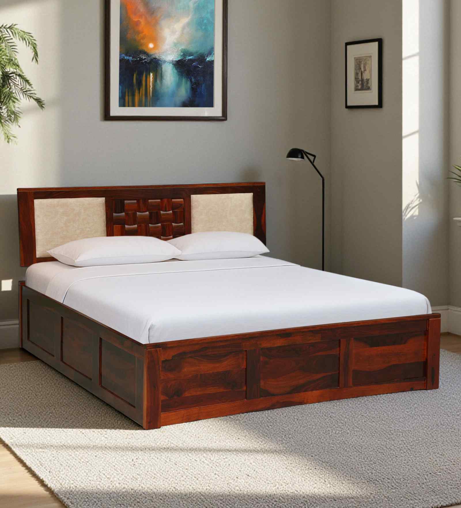 Woodway Sheesham Wood Queen Size Bed In Honey Oak  Finish With Hydraulic Storage