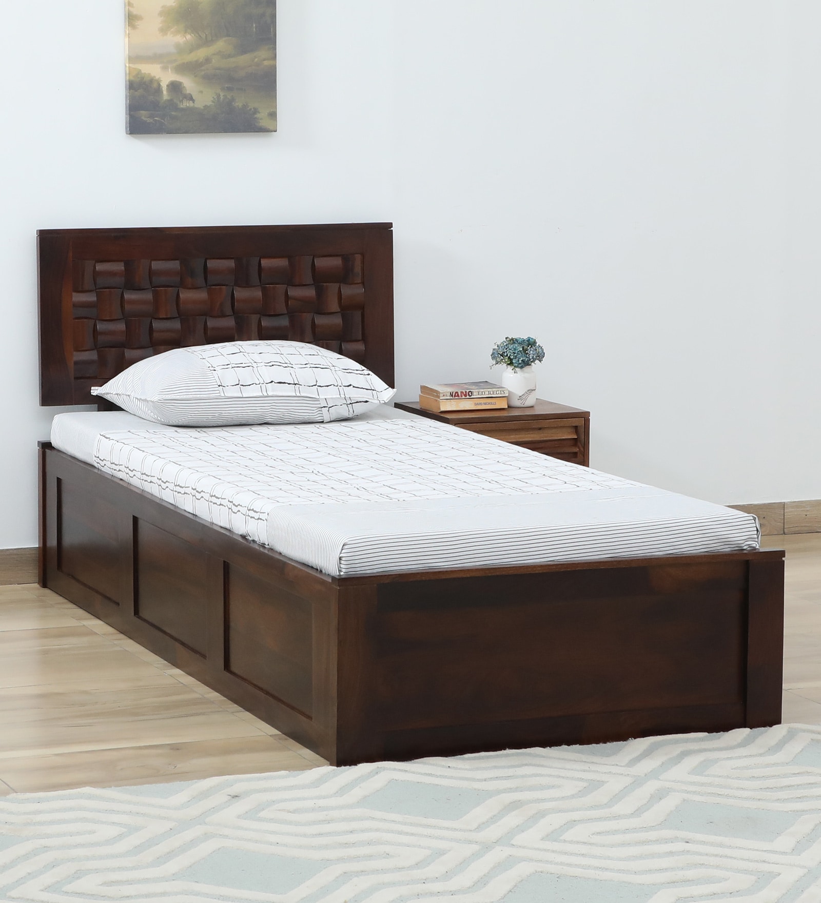 Woodway Sheesham Wood Single Bed In Provincial Teak Finish Box Storage