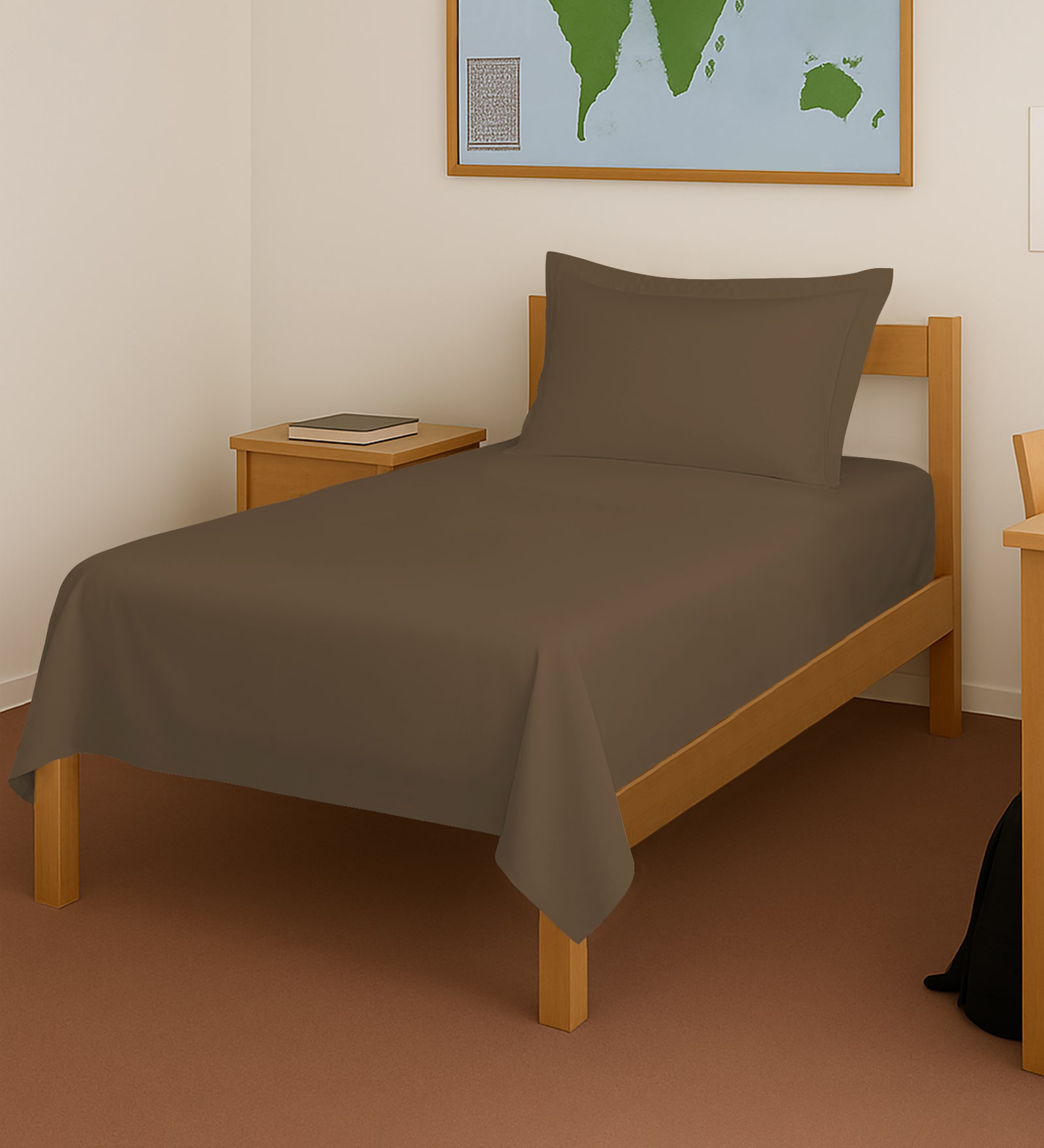 Woody Brown Solid 400 TC Cotton Single Sized Bedsheet with 1 Pillow Cover