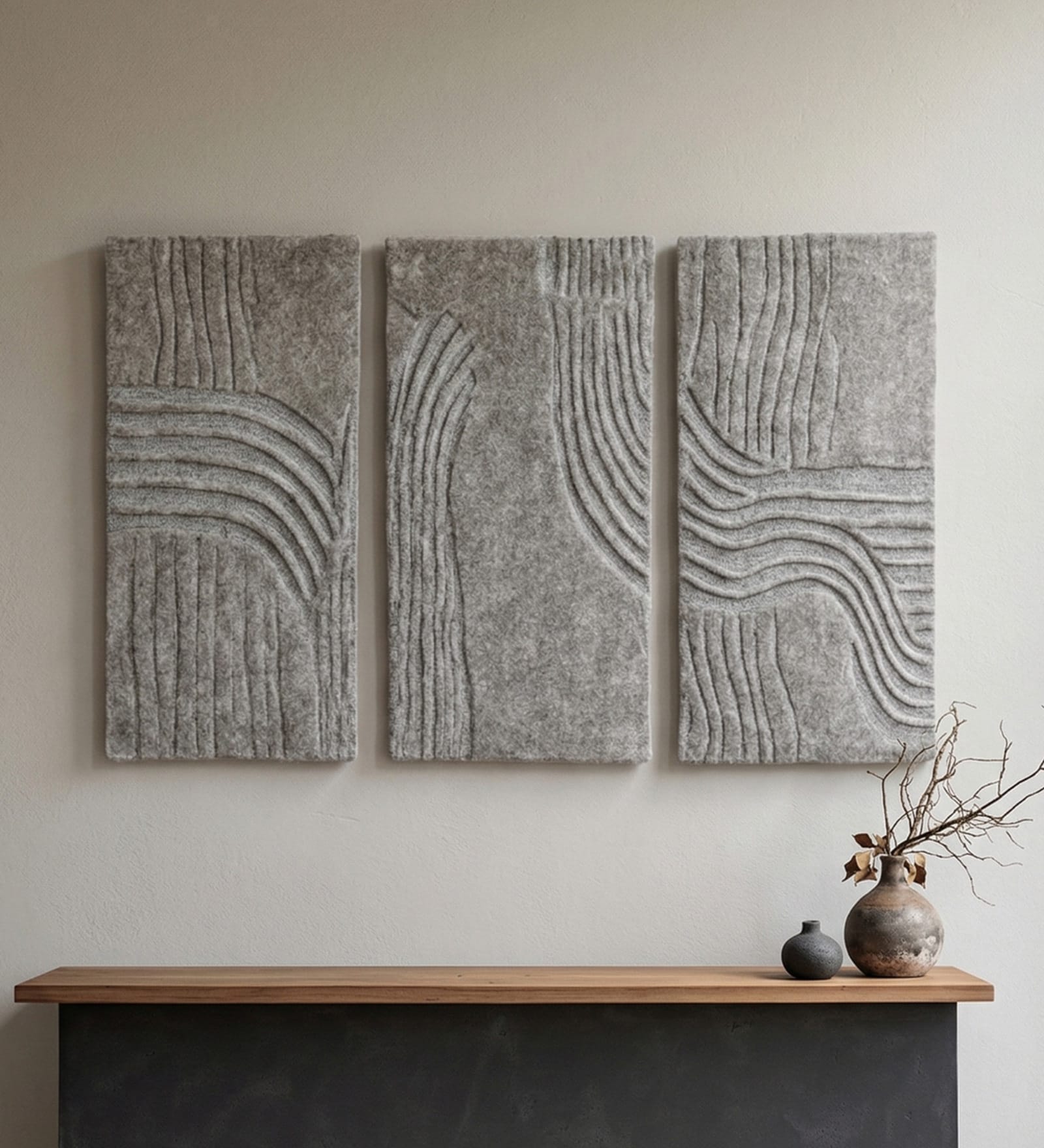 Grey Wool and Silk Handmade Wall Art Panel 4x2 Feet