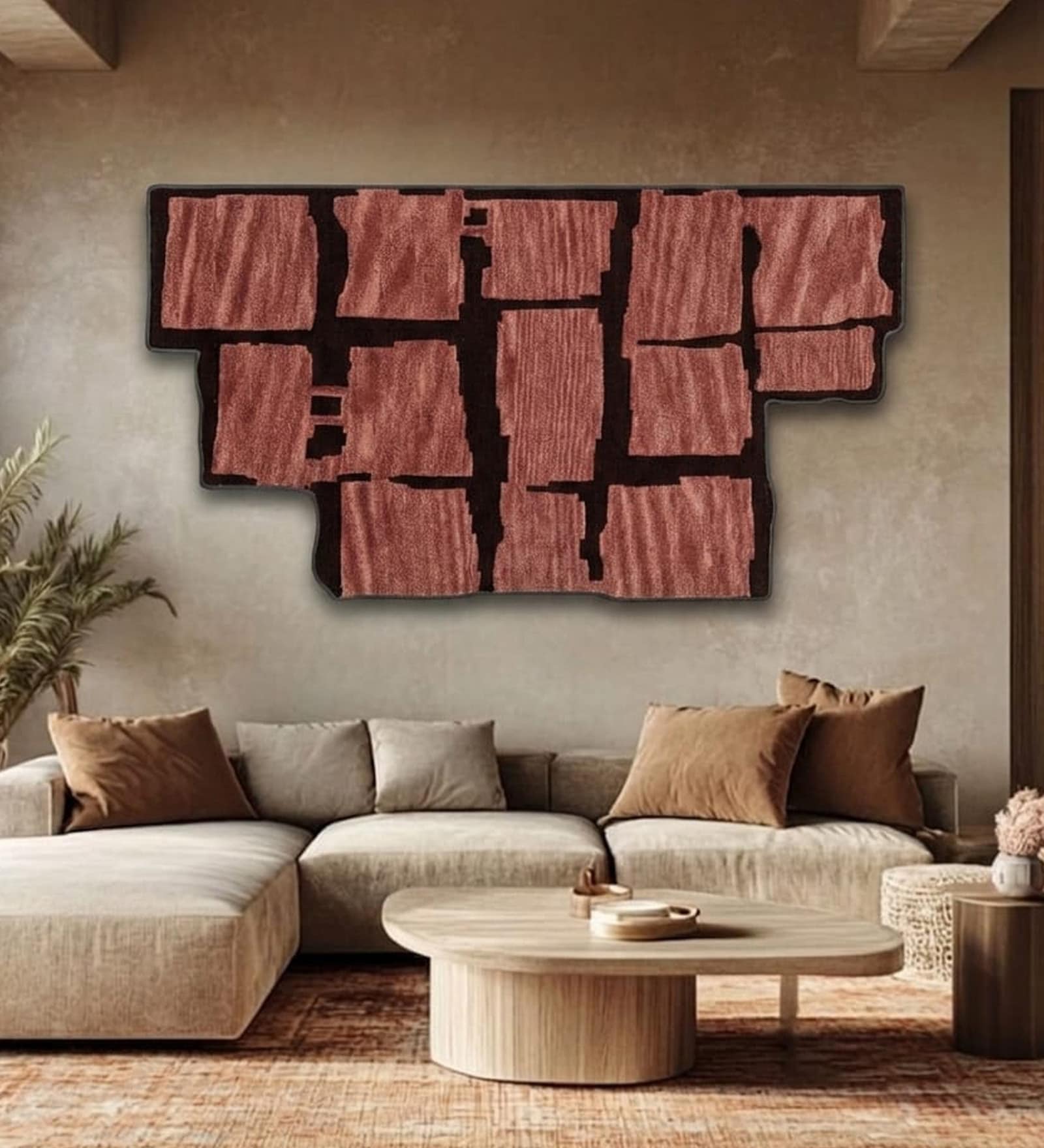 Red Wool Handmade Wall Art Panel 4x2 Feet