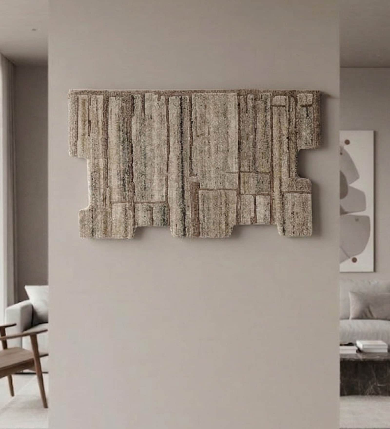 Beige Wool Handmade Wall Art Panel 4x2 Feet