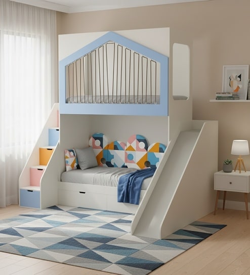 WonderSlide Bunk Bed With Staircase, Drawer Storage and Slide In Blue Colour