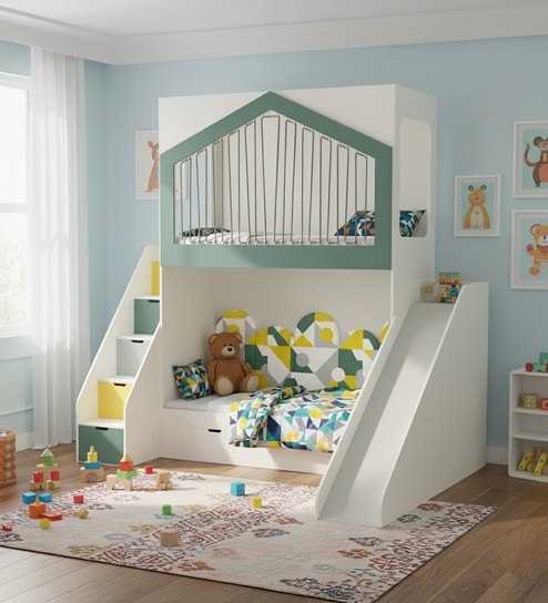 WonderSlide Bunk Bed With Staircase, Drawer Storage and Slide In Green Colour