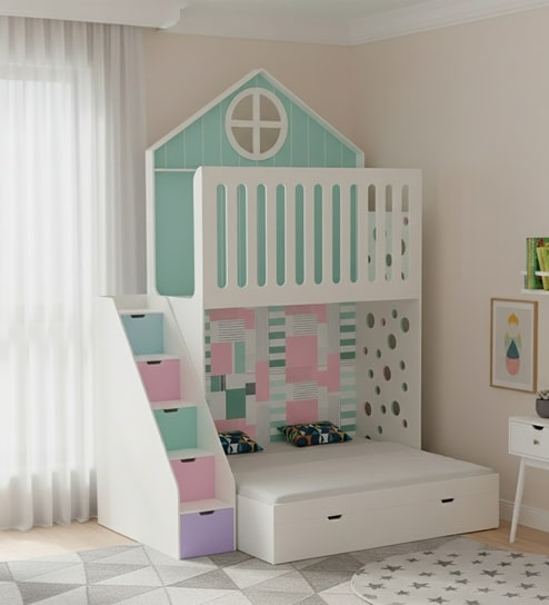 WonderSteps Bunk Bed With Staircase and Drawer Storage In Green Colour