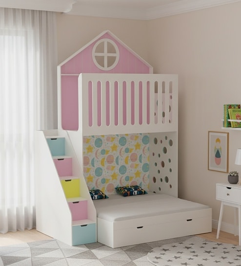 WonderSteps Bunk Bed With Staircase and Drawer Storage In Pink Colour