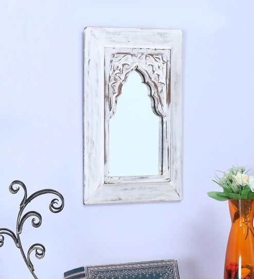 Buy Solid Wood Wall Mirror In White Color By Artisans Rose Online