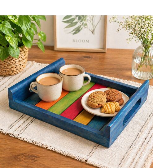 Wood Serving Tray, Wooden Tray  (Blue, Size Small 8X8 Inch)