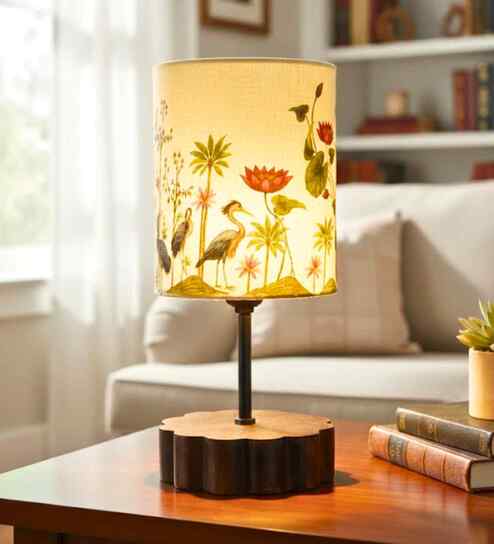 Wooden Base Table Lamp with Nature Printed Fabric Shade