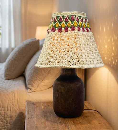 Wooden Bedside Table Lamp with Designer Crochet Shade