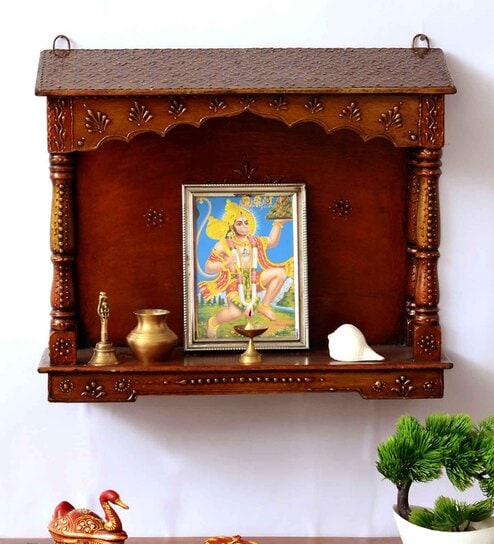 Copper Wood Wall Mounted Mandir Without Door