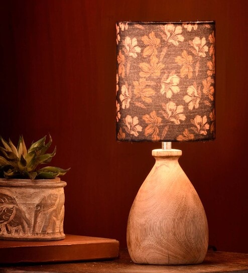 Wooden Dome Table Lamp Black Floral Shade by Green Girgit
