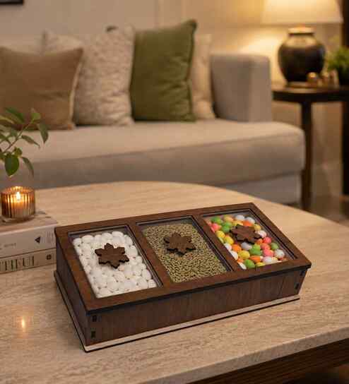 3-Section Wooden Dry Fruit Box With Glass Top